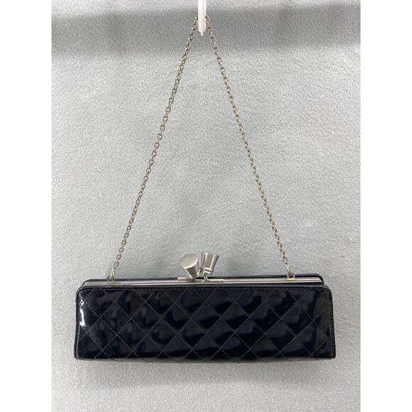 SONDRA ROBERTS Purse Clutch Black w/Removal Chain‎ Snap Closure Patent Quilted - Picture 1 of 9